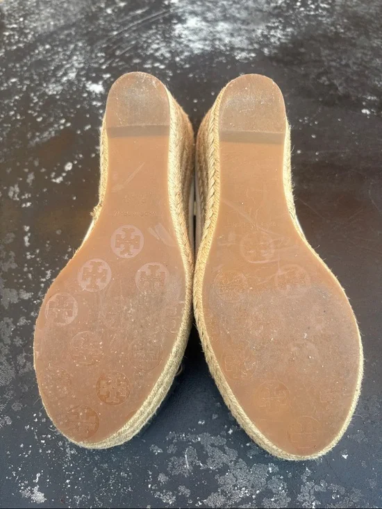 Tory Burch Women’s Black Espadrille Platform Peep-Toe Wedges size 9.5 - Picture 7 of 8